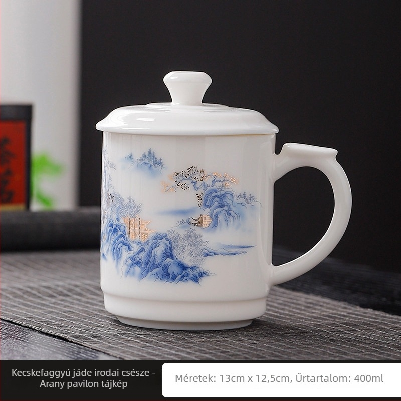 Jáde porcelán teáscsésze fedővel, nagy kapacitású, elegáns irodai találkozókhoz, testreszabható logó