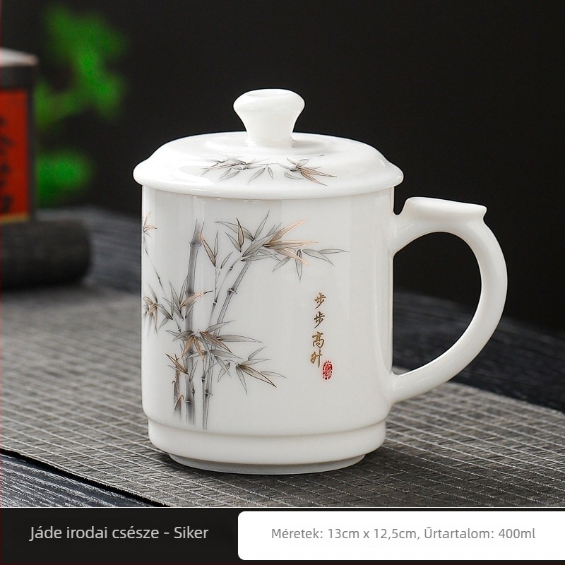 Jáde porcelán teáscsésze fedővel, nagy kapacitású, elegáns irodai találkozókhoz, testreszabható logó