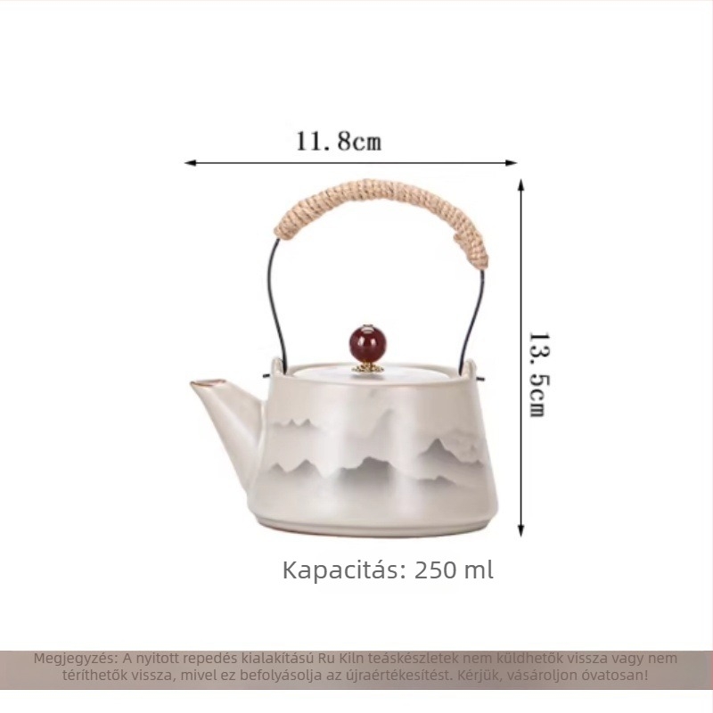 Kerámiából készült teáskanna hegyek és víz motívummal, teáskészlet teáscsészékkel és teás tálkával, modern minimalist stílus luxussal