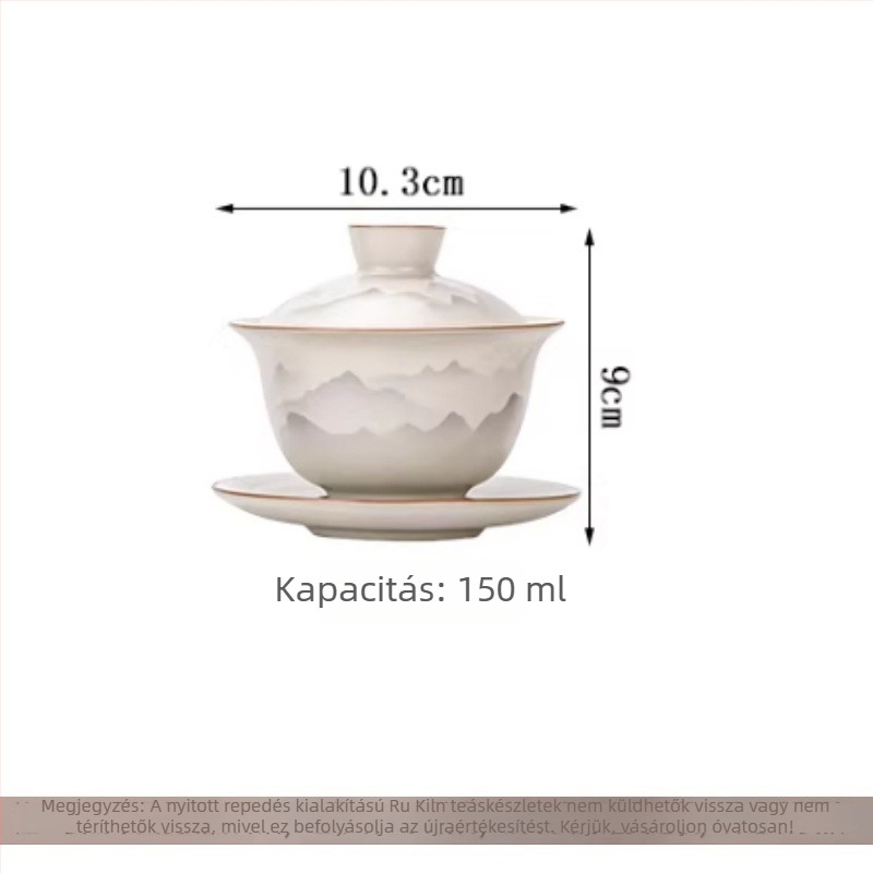 Kerámiából készült teáskanna hegyek és víz motívummal, teáskészlet teáscsészékkel és teás tálkával, modern minimalist stílus luxussal