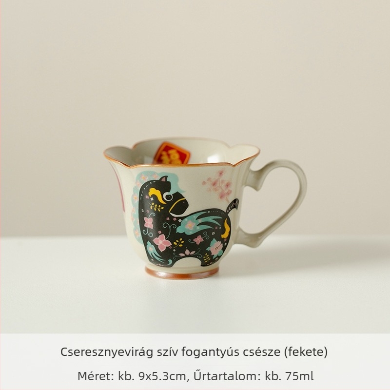 Két színű porcelán teáscsésze virág-szív motívummal és magas lábbal, otthoni délutáni teázáshoz