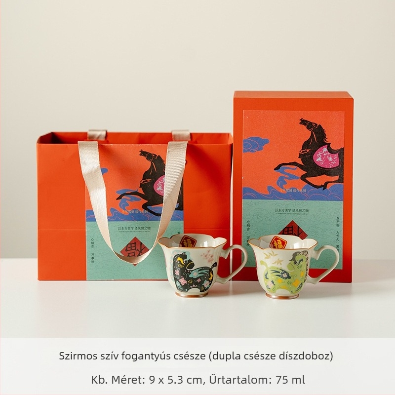 Két színű porcelán teáscsésze virág-szív motívummal és magas lábbal, otthoni délutáni teázáshoz