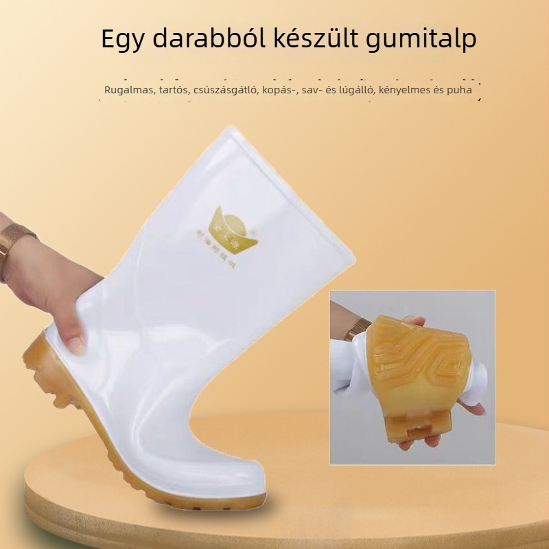 Fehér PVC gumicsizma, magas szárú, tehénin ín talppal, vízálló, kopásálló, sav- és lúgálló, konyhai és vizes környezethez.