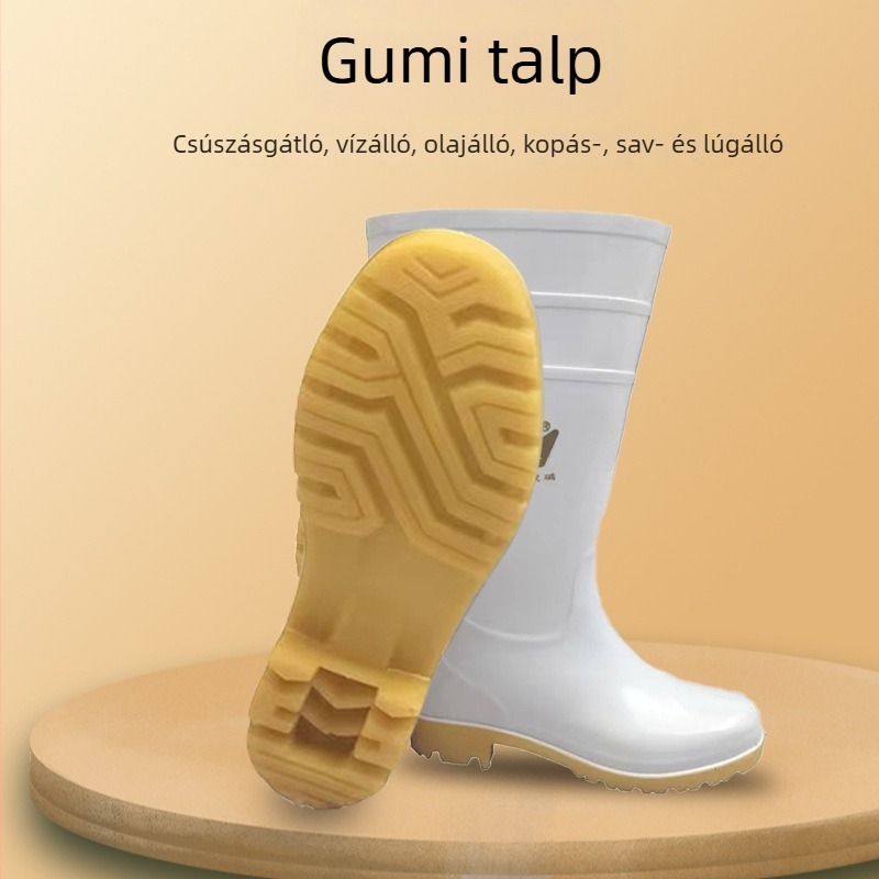 Fehér PVC gumicsizma, magas szárú, tehénin ín talppal, vízálló, kopásálló, sav- és lúgálló, konyhai és vizes környezethez.