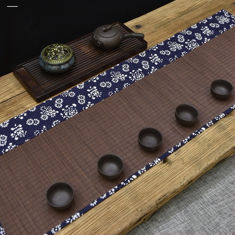 Bambusz teás alátét pohár alátéttel, lenvászon asztal futó és asztalterítő kínai-retro zen stílusban