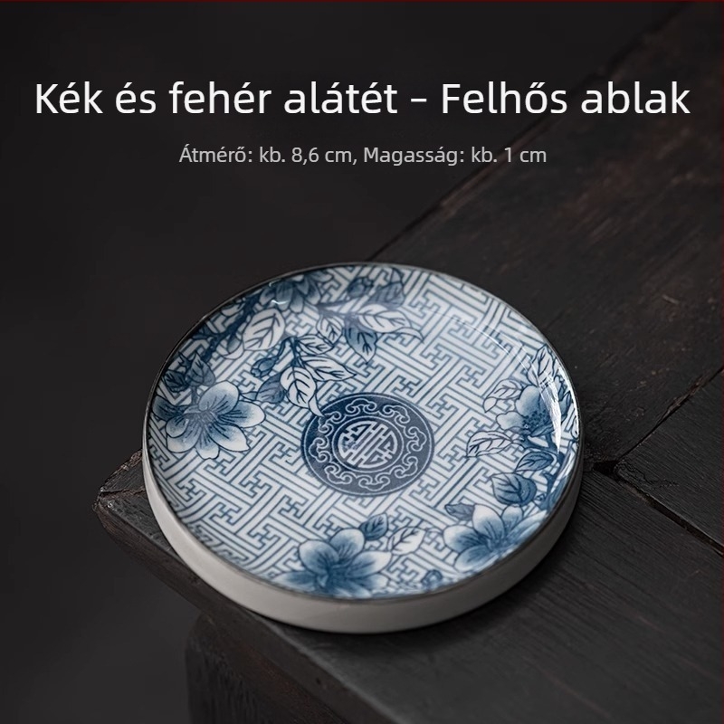 Kör alakú kerámia teáscsésze alátét, kék-fehér, hőszigetelő, Kung Fu teás készlet kiegészítő, fedél tartó