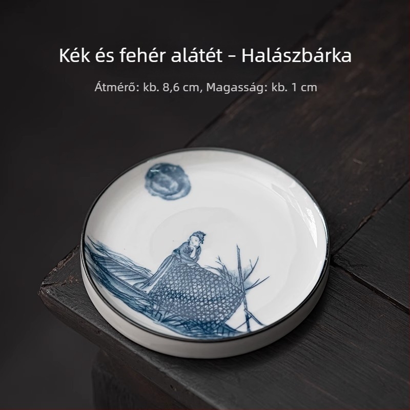 Kör alakú kerámia teáscsésze alátét, kék-fehér, hőszigetelő, Kung Fu teás készlet kiegészítő, fedél tartó