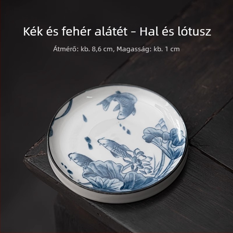 Kör alakú kerámia teáscsésze alátét, kék-fehér, hőszigetelő, Kung Fu teás készlet kiegészítő, fedél tartó
