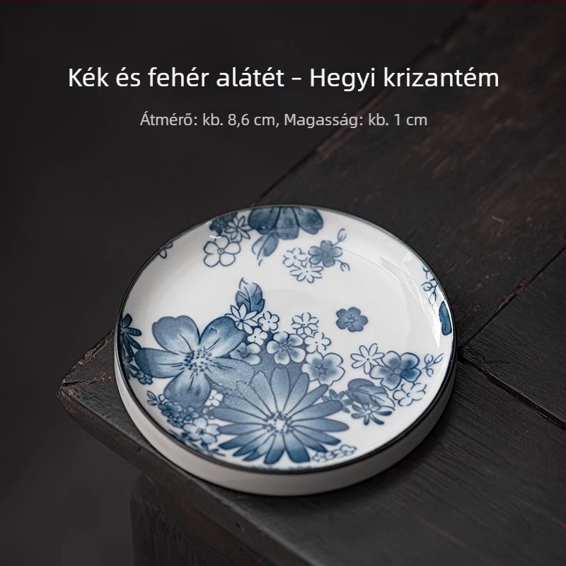 Kör alakú kerámia teáscsésze alátét, kék-fehér, hőszigetelő, Kung Fu teás készlet kiegészítő, fedél tartó