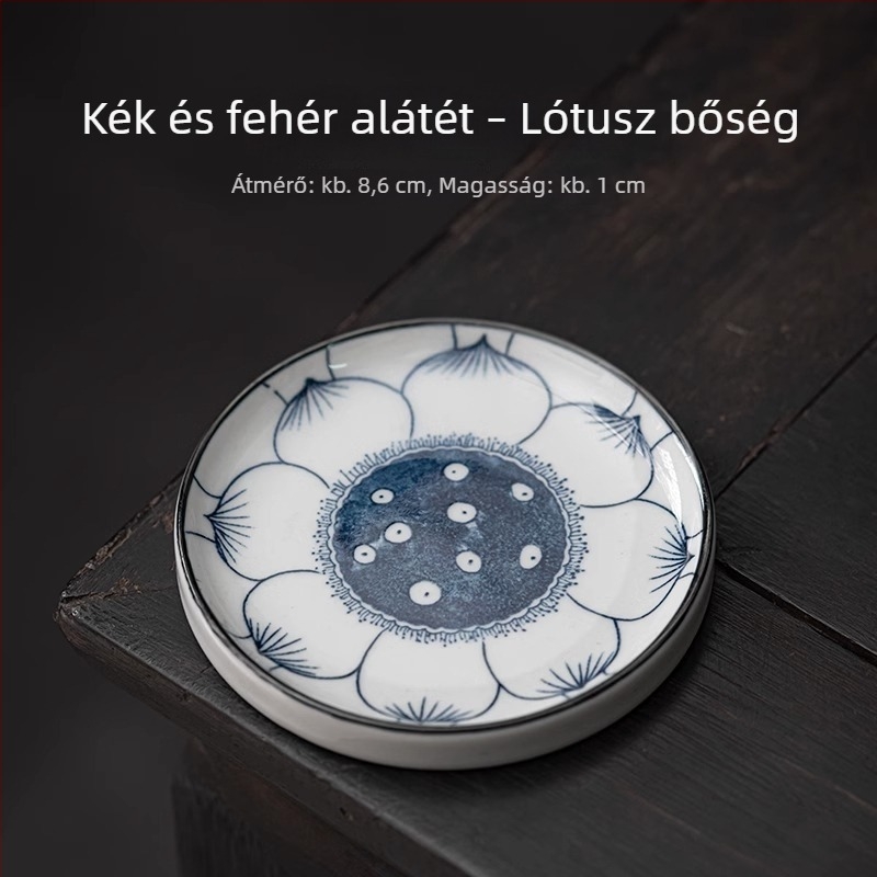 Kör alakú kerámia teáscsésze alátét, kék-fehér, hőszigetelő, Kung Fu teás készlet kiegészítő, fedél tartó