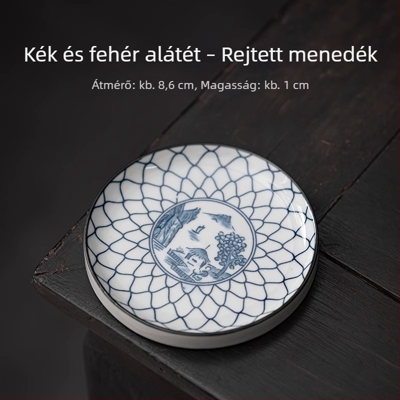 Kör alakú kerámia teáscsésze alátét, kék-fehér, hőszigetelő, Kung Fu teás készlet kiegészítő, fedél tartó