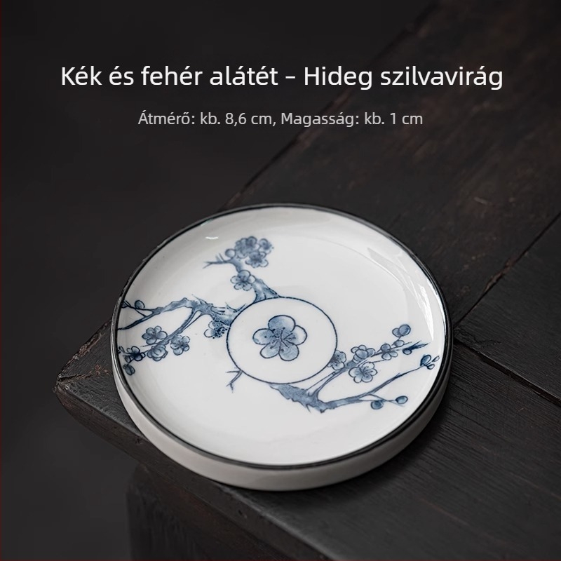 Kör alakú kerámia teáscsésze alátét, kék-fehér, hőszigetelő, Kung Fu teás készlet kiegészítő, fedél tartó