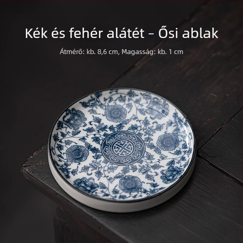 Kör alakú kerámia teáscsésze alátét, kék-fehér, hőszigetelő, Kung Fu teás készlet kiegészítő, fedél tartó
