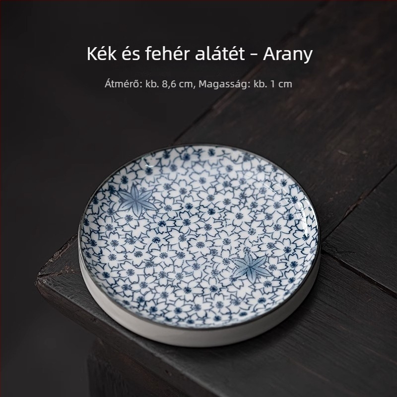 Kör alakú kerámia teáscsésze alátét, kék-fehér, hőszigetelő, Kung Fu teás készlet kiegészítő, fedél tartó