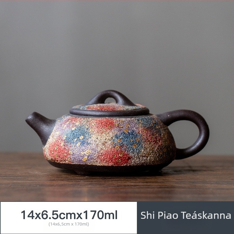 Kézzel készített, több színű kőedény teáskanna, vintage stílusú, oldalsó fogantyúval