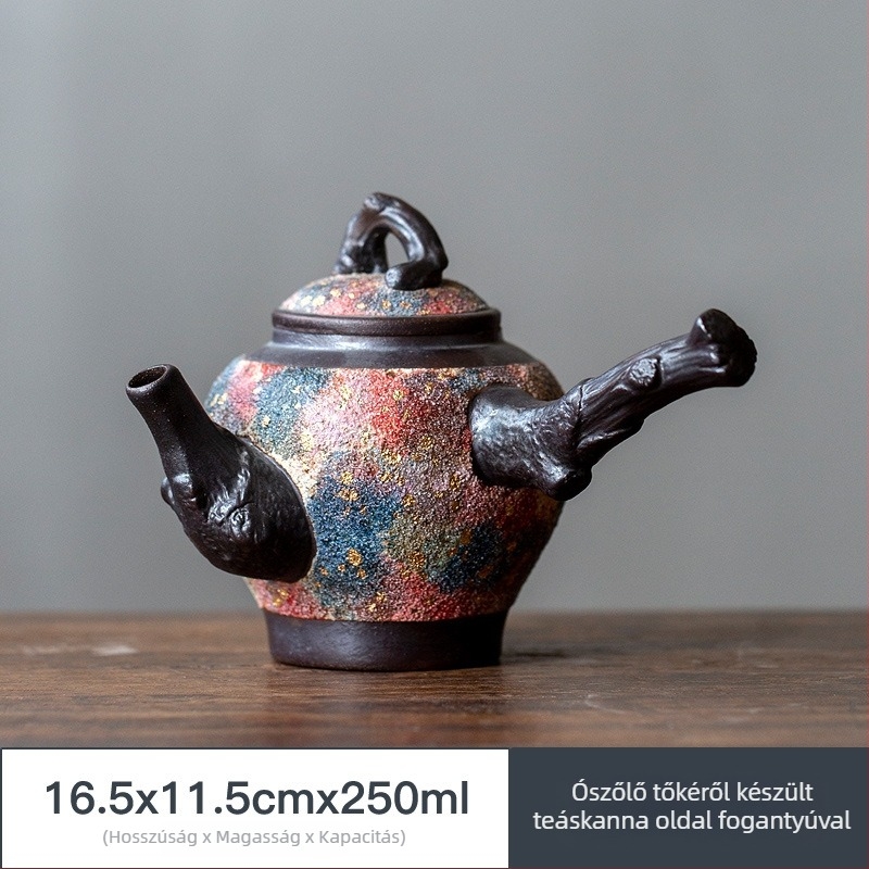 Kézzel készített, több színű kőedény teáskanna, vintage stílusú, oldalsó fogantyúval