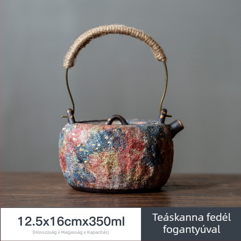 Kézzel készített, több színű kőedény teáskanna, vintage stílusú, oldalsó fogantyúval