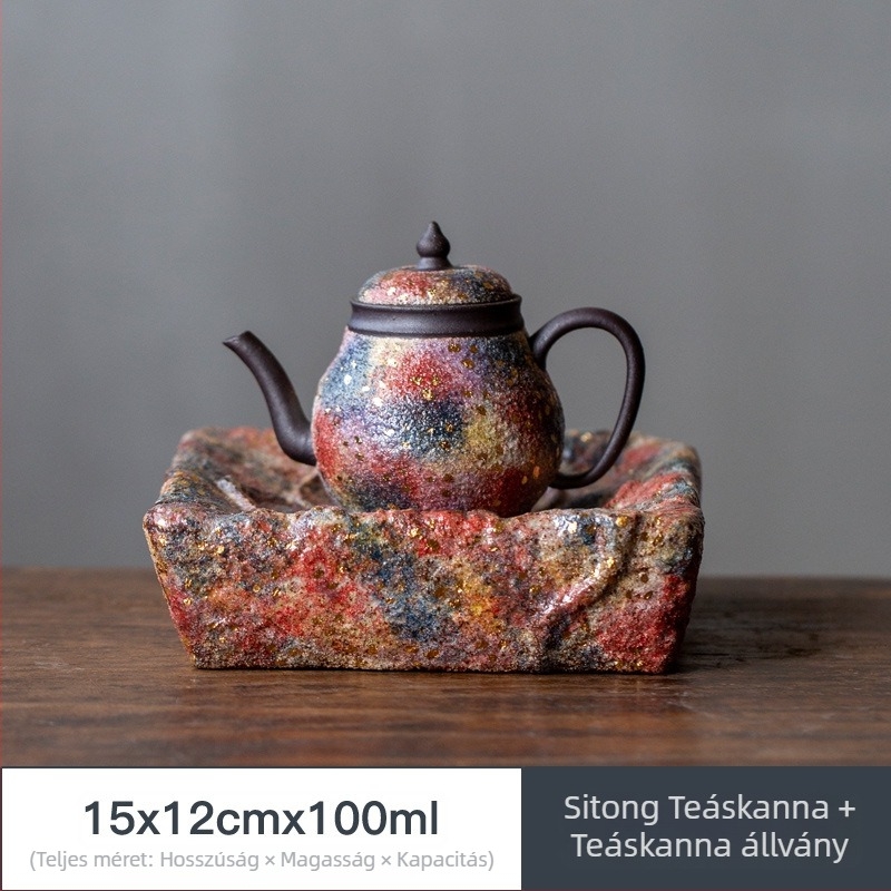 Kézzel készített, több színű kőedény teáskanna, vintage stílusú, oldalsó fogantyúval