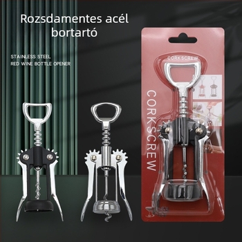 Cinkötvözetből készült, multifunkcionális palacknyitó trombita alakú pezsgőnyitóval és rozsdamentes acél dugóhúzóval