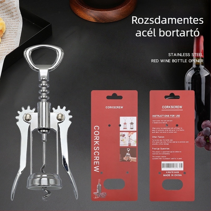 Cinkötvözetből készült, multifunkcionális palacknyitó trombita alakú pezsgőnyitóval és rozsdamentes acél dugóhúzóval