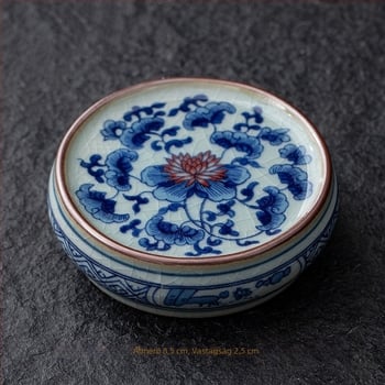 Kínai retro kerámia teáskészlet fedéllel, teás tálcával, teáskanna-tartóval és kék-fehér porcelán csészealátétekkel