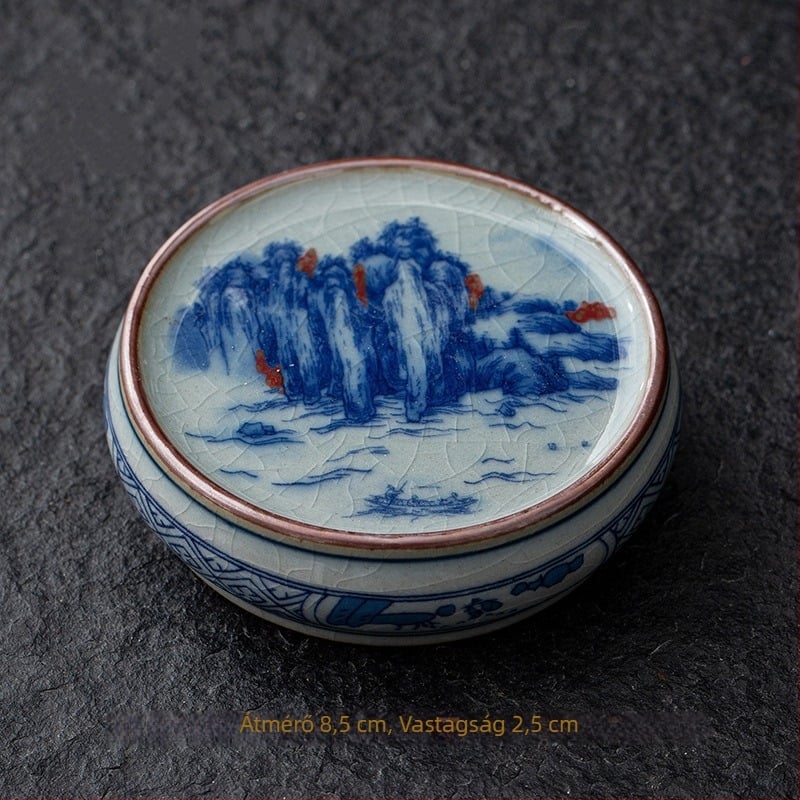 Kínai retro kerámia teáskészlet fedéllel, teás tálcával, teáskanna-tartóval és kék-fehér porcelán csészealátétekkel