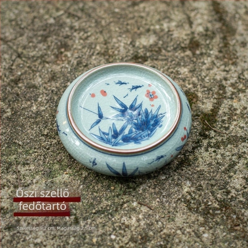 Kínai retro kerámia teáskészlet fedéllel, teás tálcával, teáskanna-tartóval és kék-fehér porcelán csészealátétekkel