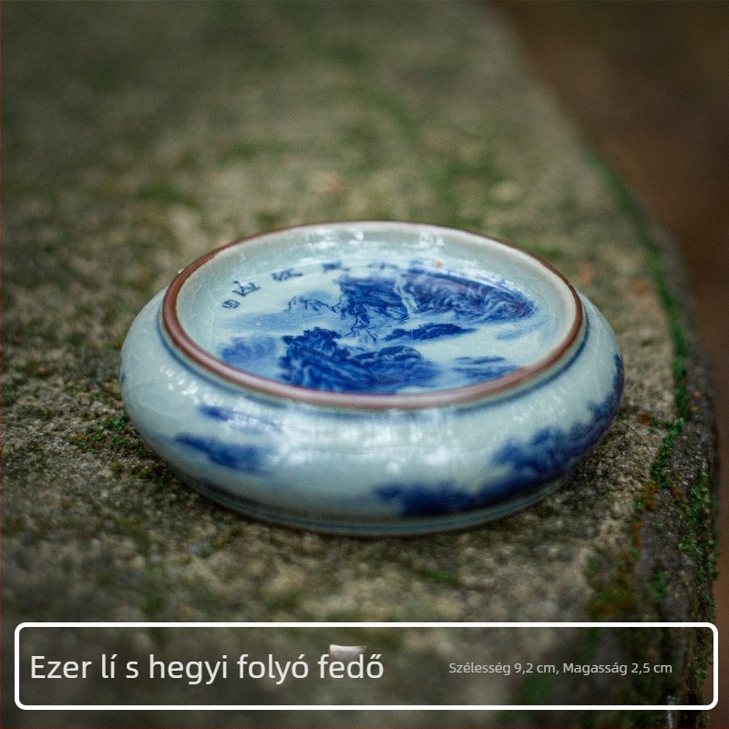Kínai retro kerámia teáskészlet fedéllel, teás tálcával, teáskanna-tartóval és kék-fehér porcelán csészealátétekkel