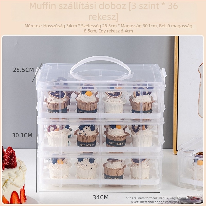 Többszintes, újrahasználható muffin-doboz fogantyúval, hordozható desszert-tároló piknikekhez, 24/36/48 rekeszzel
