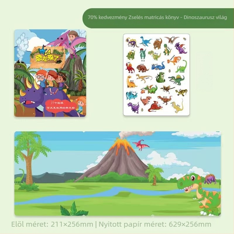 Dinoszaurusz témájú zselés matricás könyv 3–6 éveseknek, kétnyelvű nyugis könyv a korai tanuláshoz, újrahasználható matricák