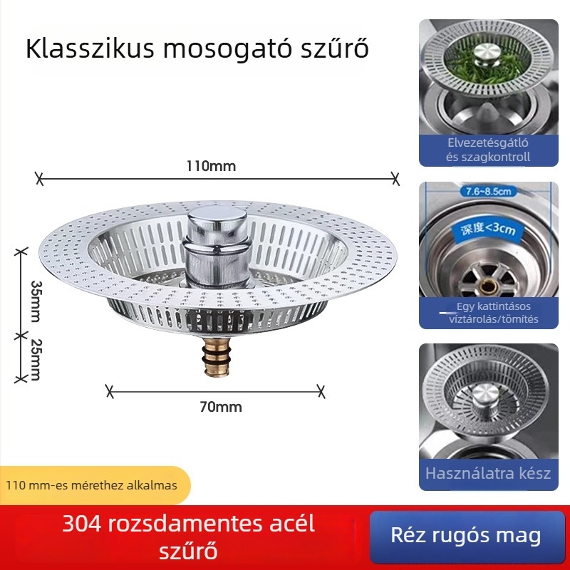 Réz mosogató szűrőháló pop-up maggal, lefolyó dugó kiegészítő, univerzális kompatibilitás