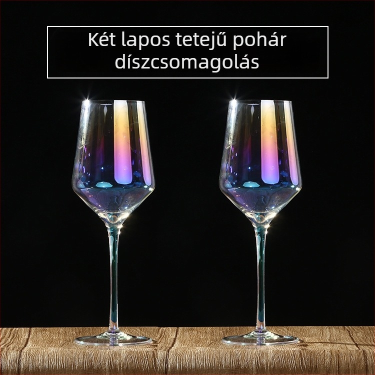 Színes kristály vörösboros pohárkészlet harpa alakú U-típusú dekantérrel és magas talpú poharakkal.