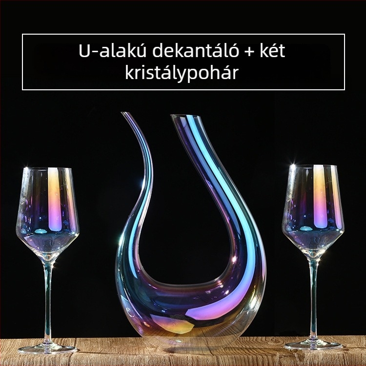 Színes kristály vörösboros pohárkészlet harpa alakú U-típusú dekantérrel és magas talpú poharakkal.