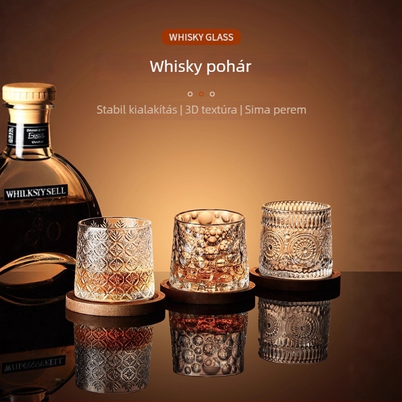 Whiskey pohár üvegből, könnyű luxus stílus, forgó talppal és poháralátéttel