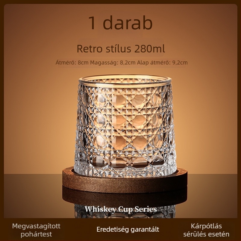 Whiskey pohár üvegből, könnyű luxus stílus, forgó talppal és poháralátéttel