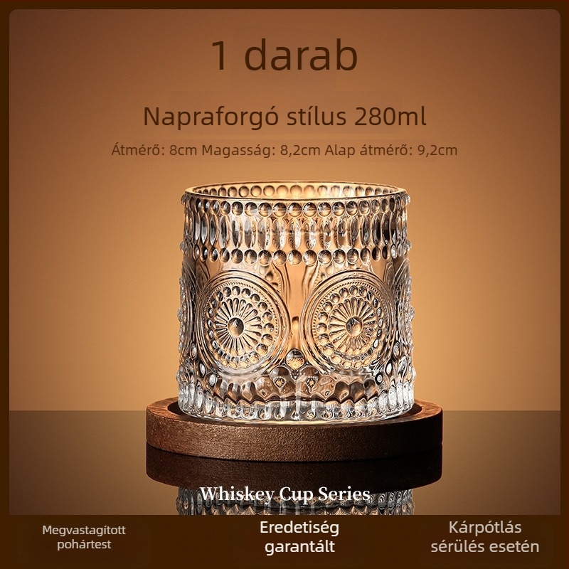 Whiskey pohár üvegből, könnyű luxus stílus, forgó talppal és poháralátéttel