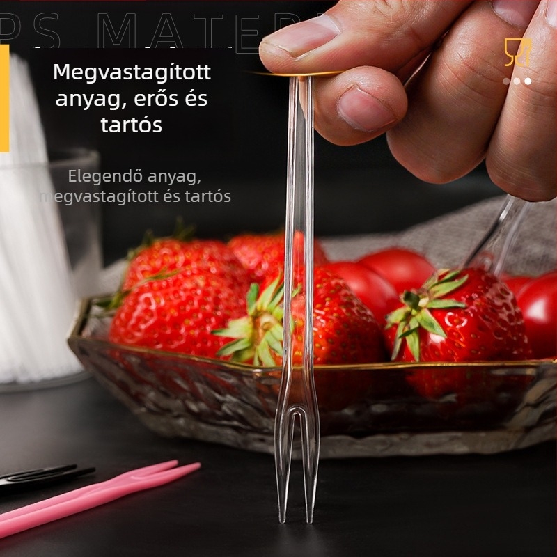 Kétfogú gyümölcsvilla, átlátszó műanyag, egyszer használatos, egyedi csomagolásban