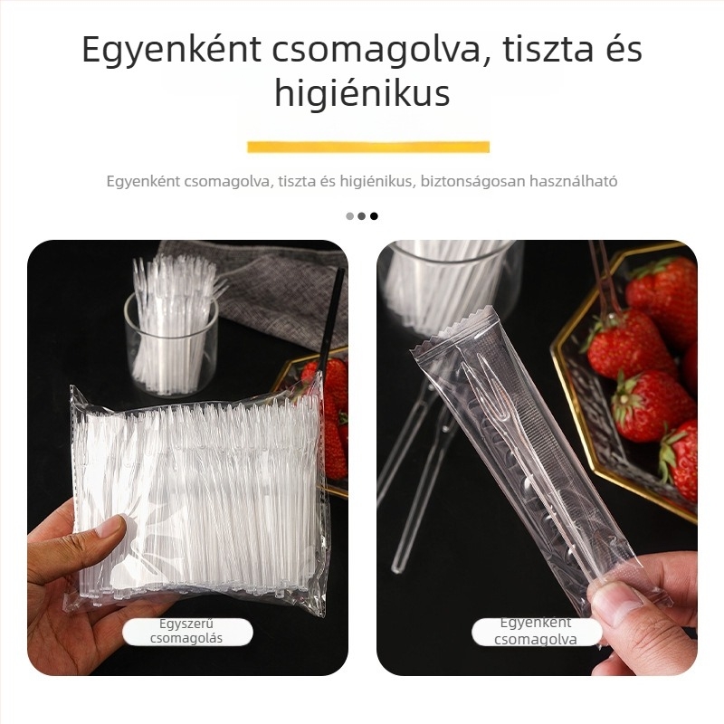 Kétfogú gyümölcsvilla, átlátszó műanyag, egyszer használatos, egyedi csomagolásban