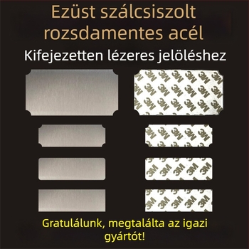 Szálcsiszolt rozsdamentes acél üres névtábla lézeres gravírozáshoz, hátoldali ragasztóval; színek: arany, fekete titán, ezüst; méret: 76,2 x 25,4 mm; 10 darab.