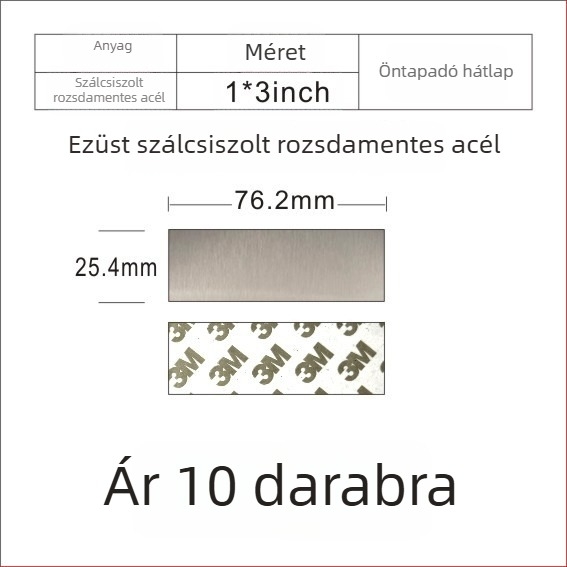 Szálcsiszolt rozsdamentes acél üres névtábla lézeres gravírozáshoz, hátoldali ragasztóval; színek: arany, fekete titán, ezüst; méret: 76,2 x 25,4 mm; 10 darab.
