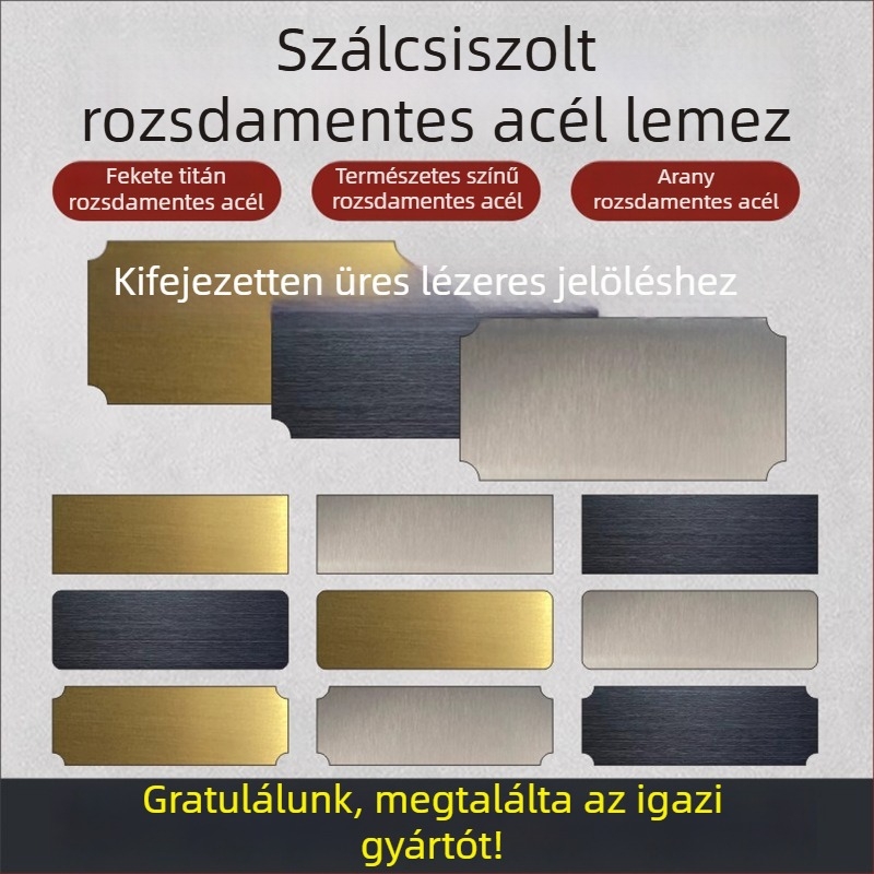 Szálcsiszolt rozsdamentes acél üres névtábla lézeres gravírozáshoz, hátoldali ragasztóval; színek: arany, fekete titán, ezüst; méret: 76,2 x 25,4 mm; 10 darab.