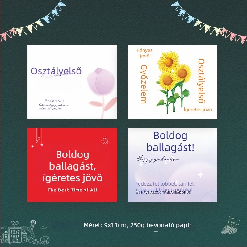 Diplomás virágcsokor és kézzel írt üdvözlőlapok