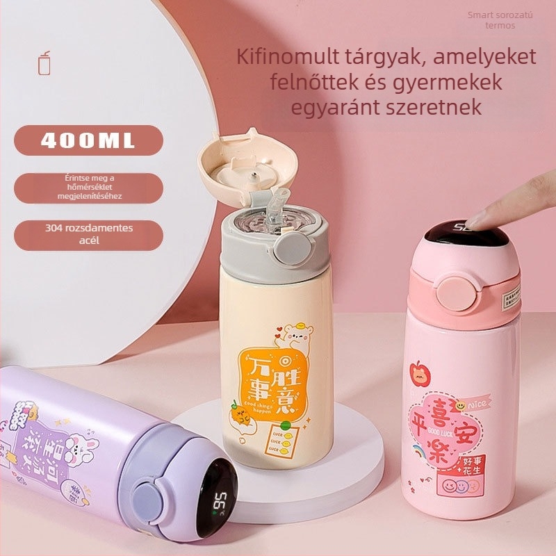 Gyermek termosz pohár 304 rozsdamentes acél belsővel, karikatúra mintázat, hordozható szívószállal