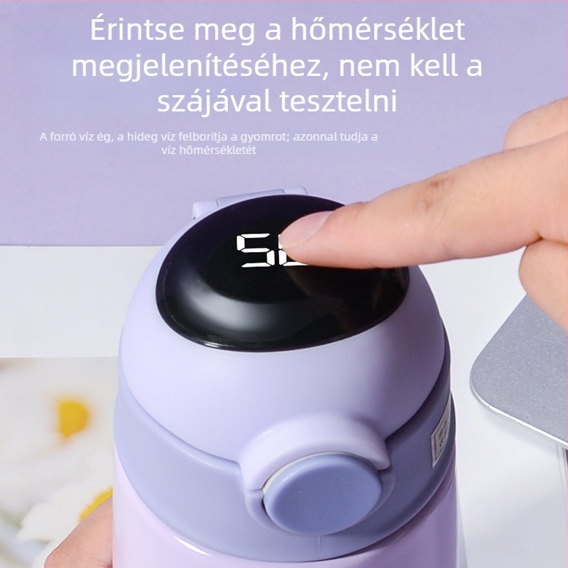 Gyermek termosz pohár 304 rozsdamentes acél belsővel, karikatúra mintázat, hordozható szívószállal
