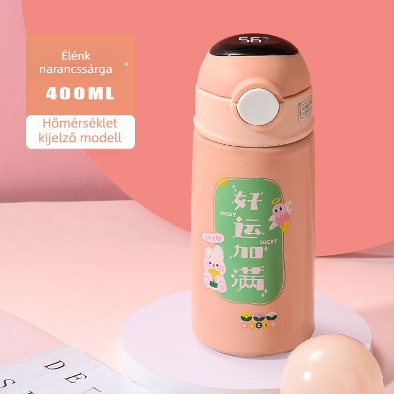 Gyermek termosz pohár 304 rozsdamentes acél belsővel, karikatúra mintázat, hordozható szívószállal