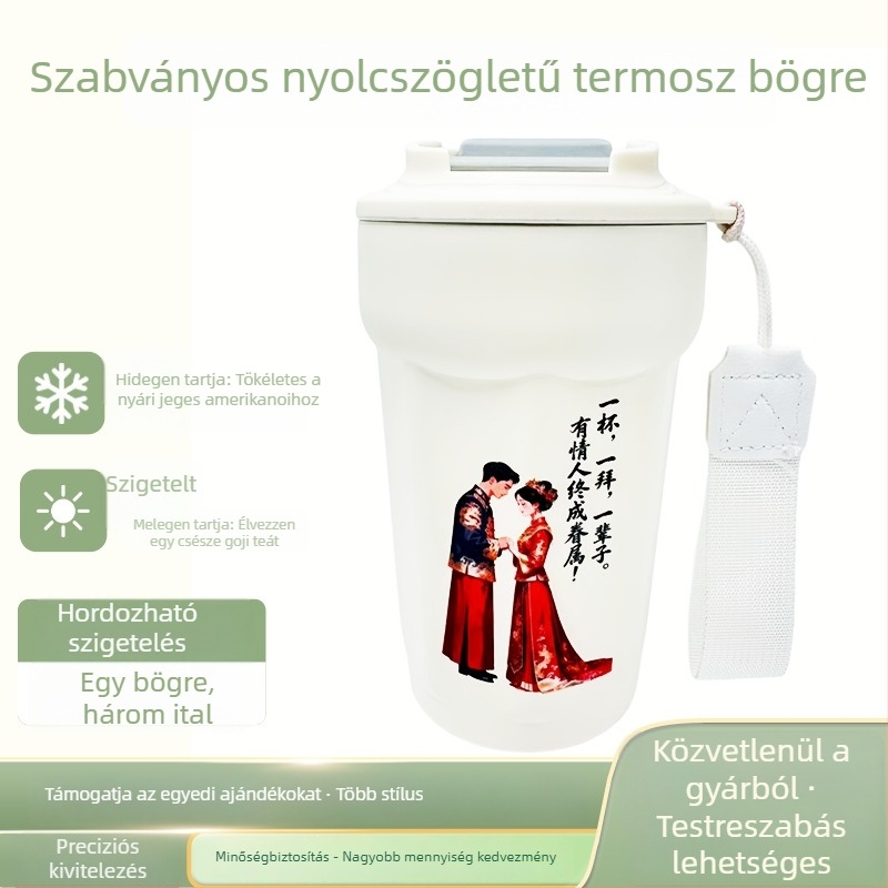 316 rozsdamentes acélból készült nyolcszögletű kávés pohár, szigetelt, megtartja a forró és hideg italokat, egyedi logóval