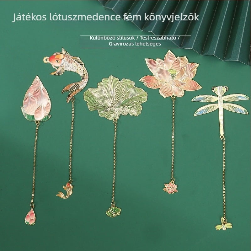 Fém könyvjelző szitakötő és lotuszlevél motívummal, klasszikus kínai stílusban.