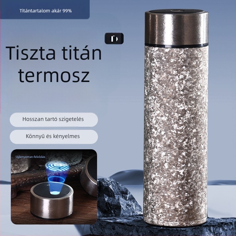 Ujjlenyomat-azonosítással működő kettős falú titánium termosz teafilterrel, hordozható egyenes kialakítású pohár