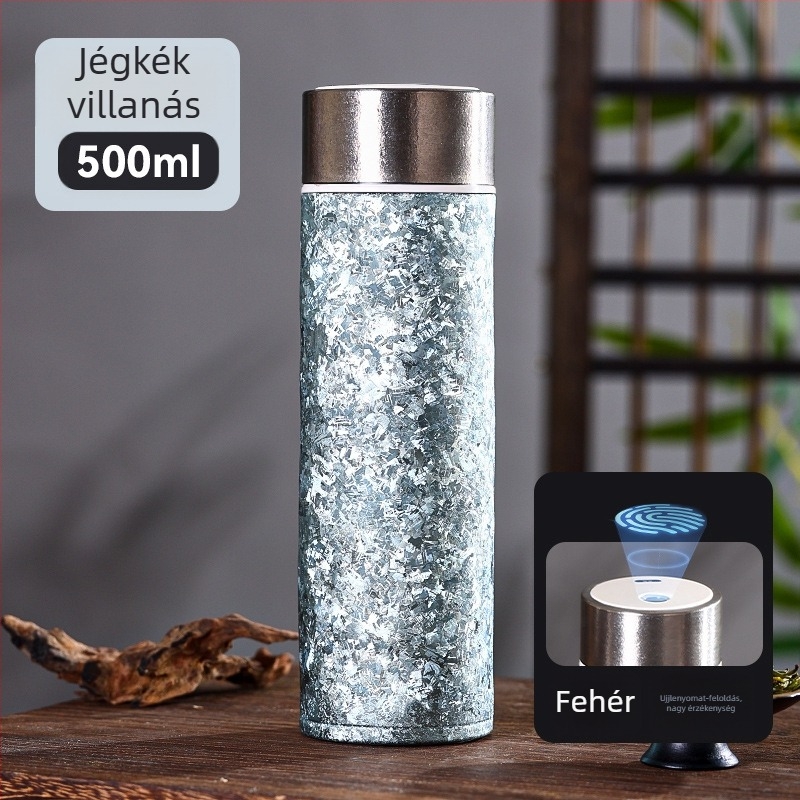 Ujjlenyomat-azonosítással működő kettős falú titánium termosz teafilterrel, hordozható egyenes kialakítású pohár