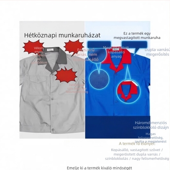 Színes gallérral ellátott gyári munkaruha rövid ujjú, műhelyi munkaruha, munkavédelmi ruházat logó hímzéssel vagy nyomtatással